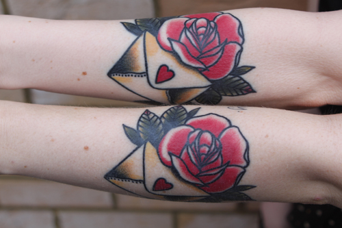 Sister tattoos rose and envelope 