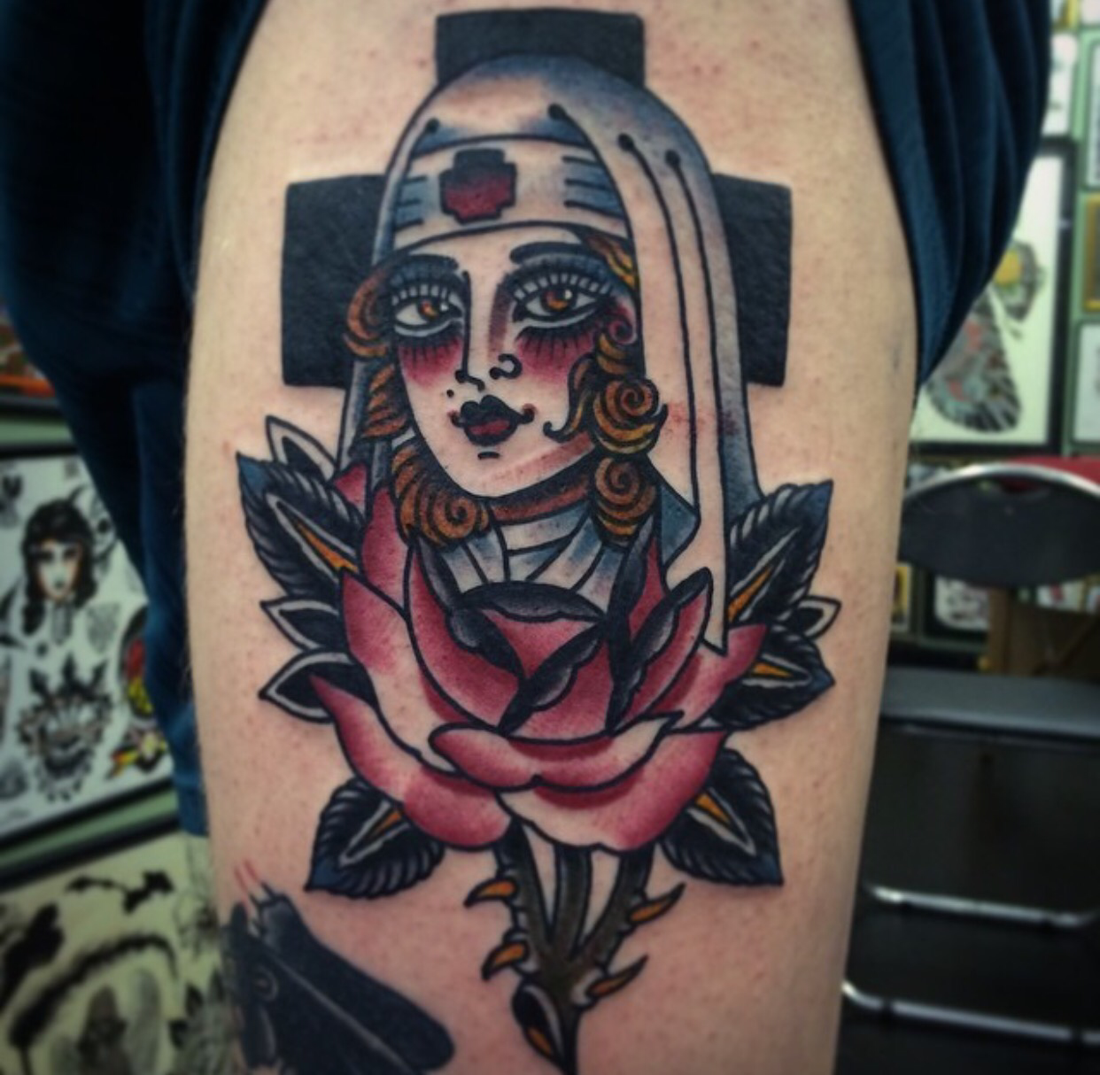 A nurse tattoo I (Daniel Hughes) did at Sacred Tattoo Studio in Marquette  MI. IG is @danielhughestattoos if you want to check out some more work. : r/ tattoo