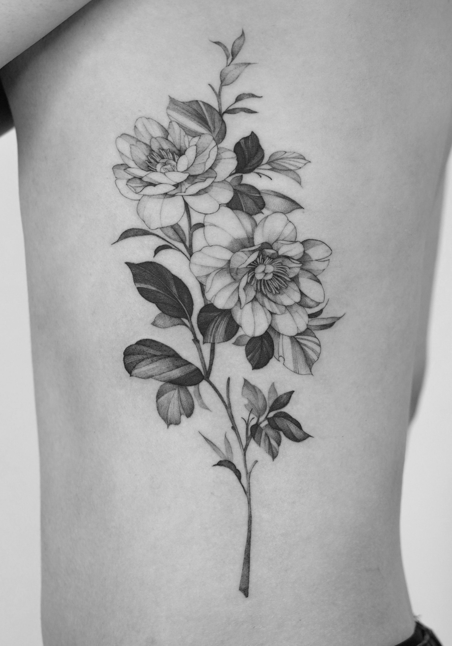 Black linework tattoo with banner a flower Vector Image