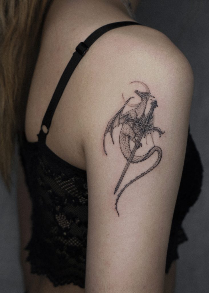 Blackwork My Kingdom For A Kiss Upon Her Shoulder Tattoo Idea