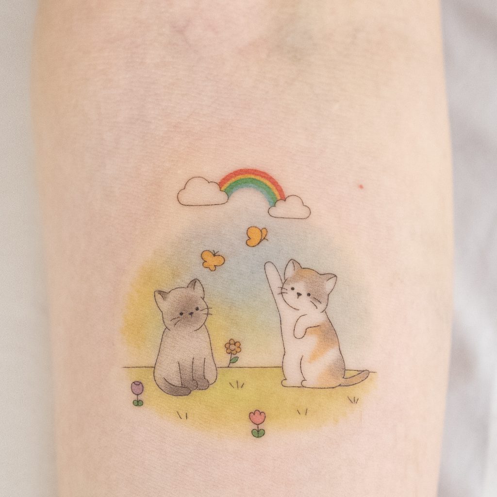 Colourful fineline cat tattoo