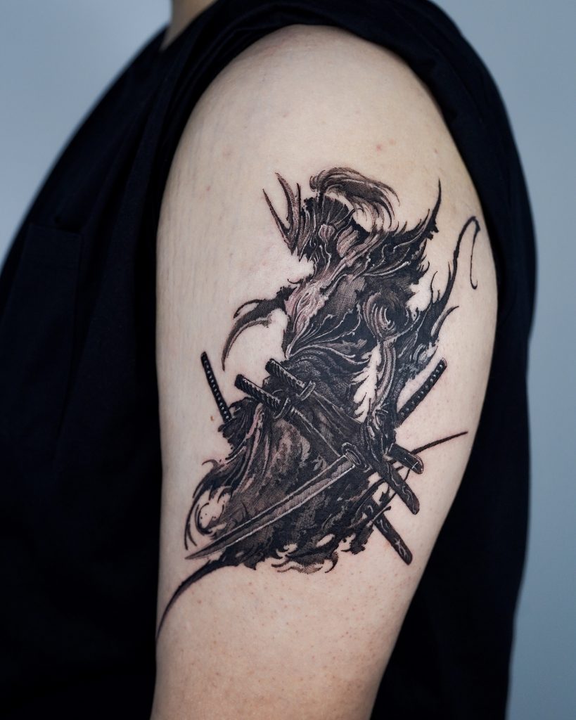 Black warrior tattoo on arm